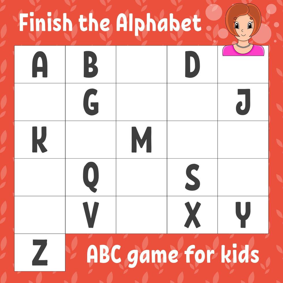 Finish the alphabet. ABC game for kids. vector