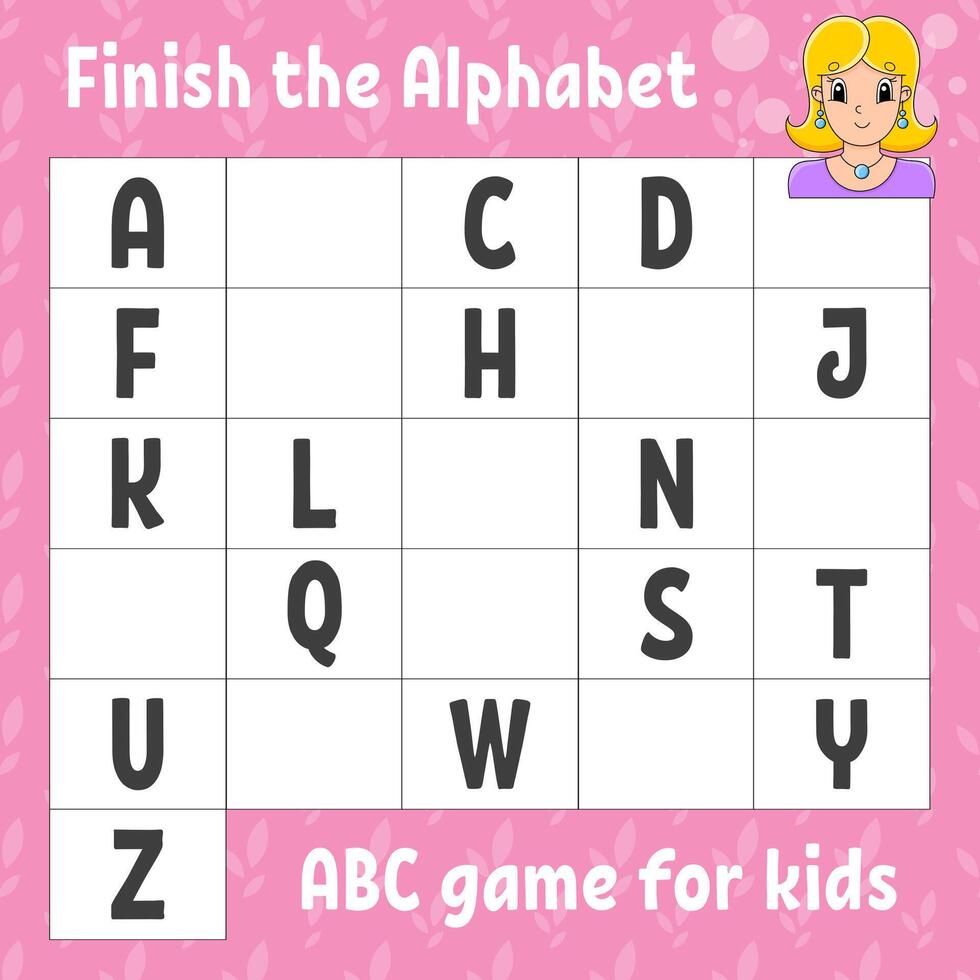 Finish the alphabet. ABC game for kids. vector