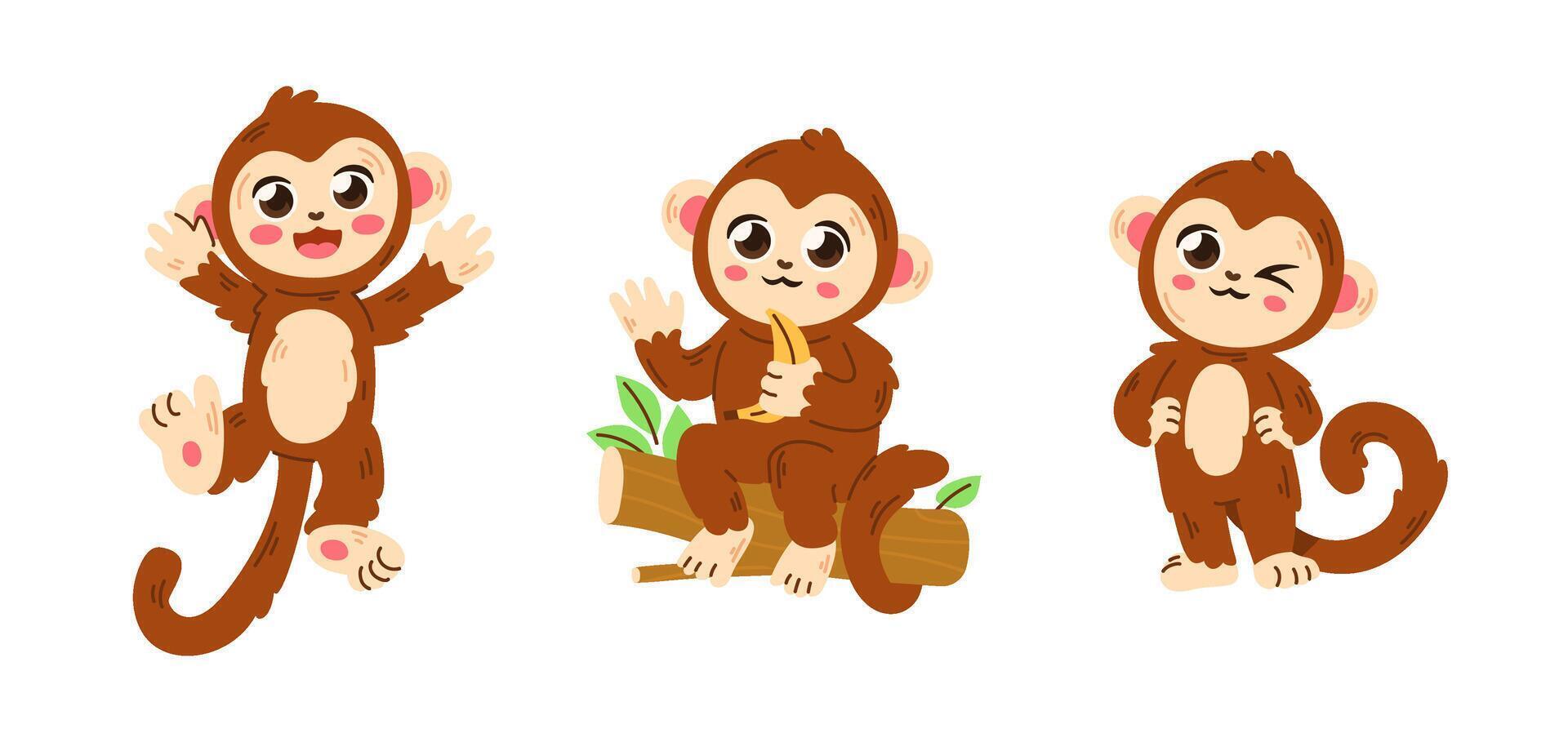 Cute Cartoon Monkeys in Playful Poses vector