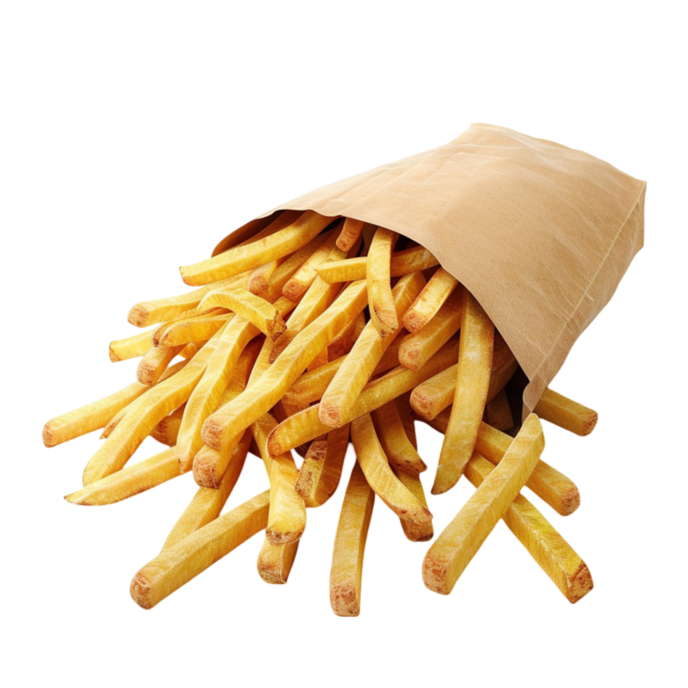 Brown Paper Bag Full of Freshly Made Golden French Fries on Transparent background AI-Generative png