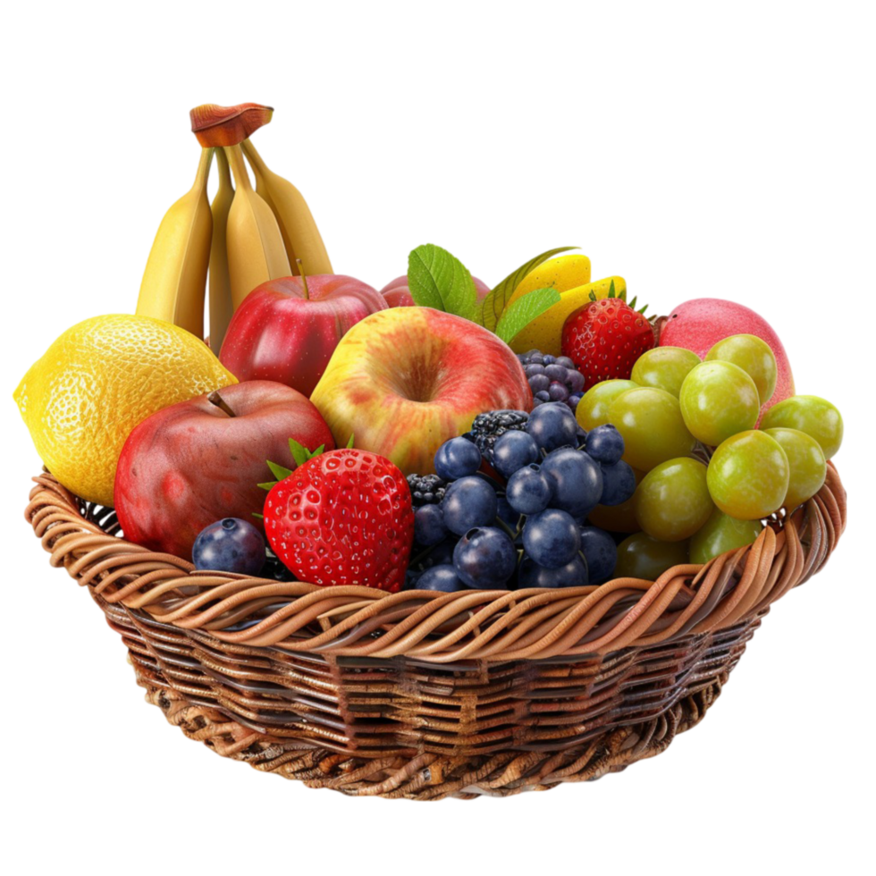 Fresh Mixed Fruits in Wicker Basket on Transparent Background on Transparent background AI-Generative png
