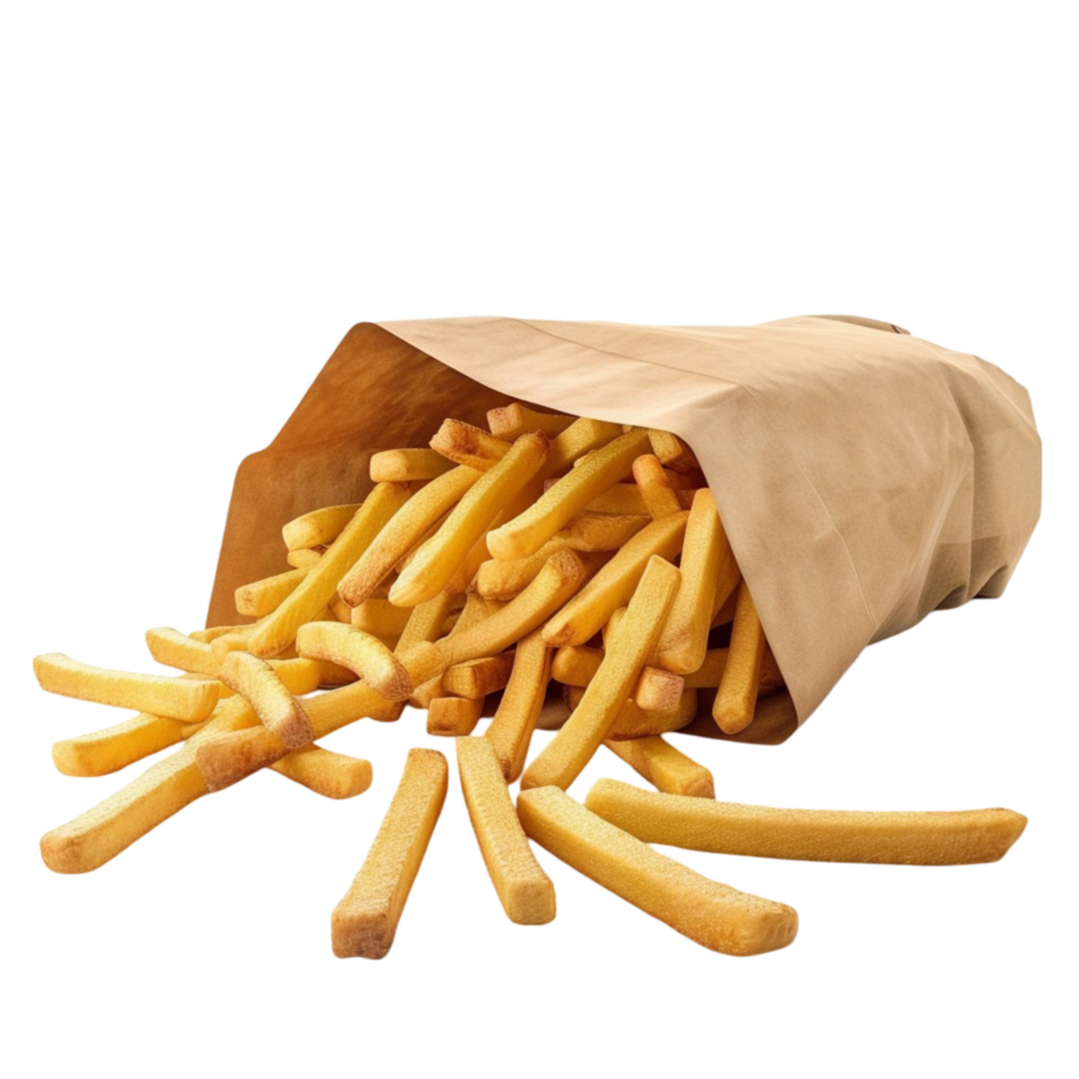 Spilling Golden Brown French Fries from Paper Bag on Transparent background AI-Generative png