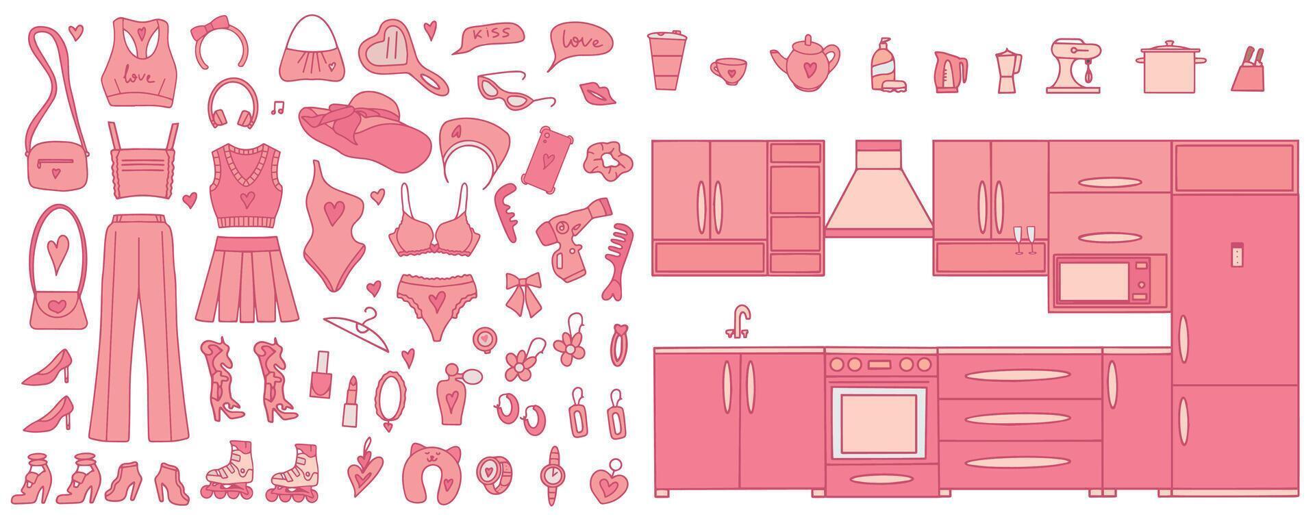 Accessories and clothes for a pink doll. Pink kitchen set with built-in appliances. Pink toy kitchen kitchen design. . vector