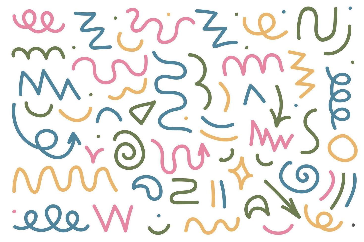 Marker lines, pencil stripes, highlighting elements, illustrations of permanent markers in the form of checkmarks, arrows in different directions. vector