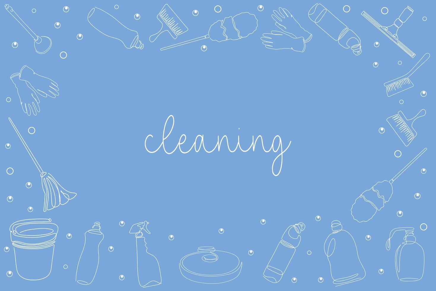 Background of cleaning equipment. illustration isolated on a blue background. Cleaning tools in one line. vector