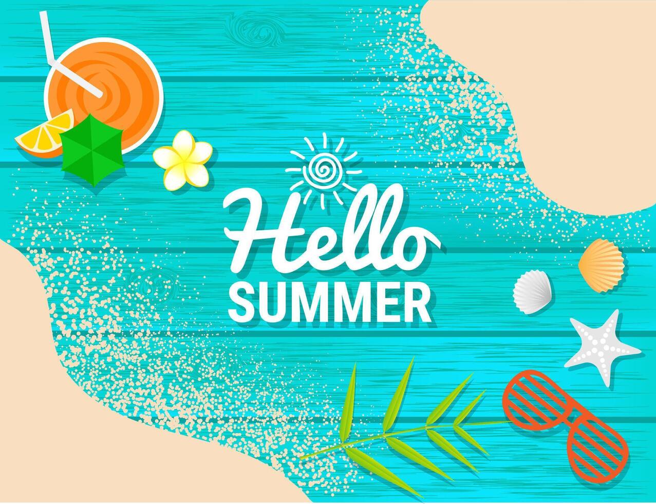 Beach items and Sand on blue wooden for summer concept vector