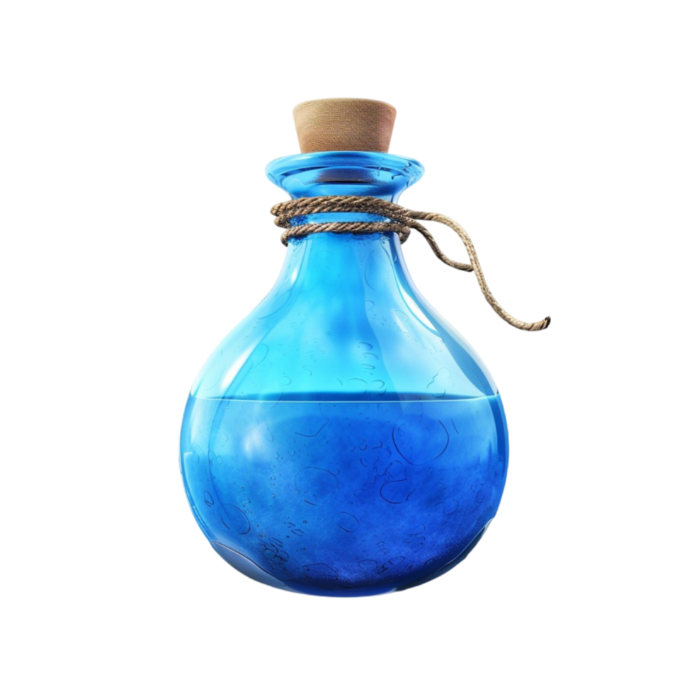 Blue Glass Bottle with Wooden Cork and Rope, Floating on Transparent background AI-Generative png