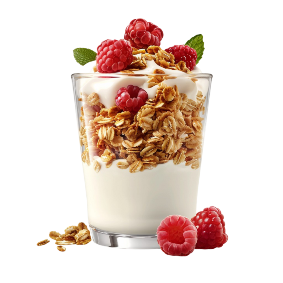 Glass of yogurt with granola and raspberries, yogurt in corner on Transparent background AI-Generative png
