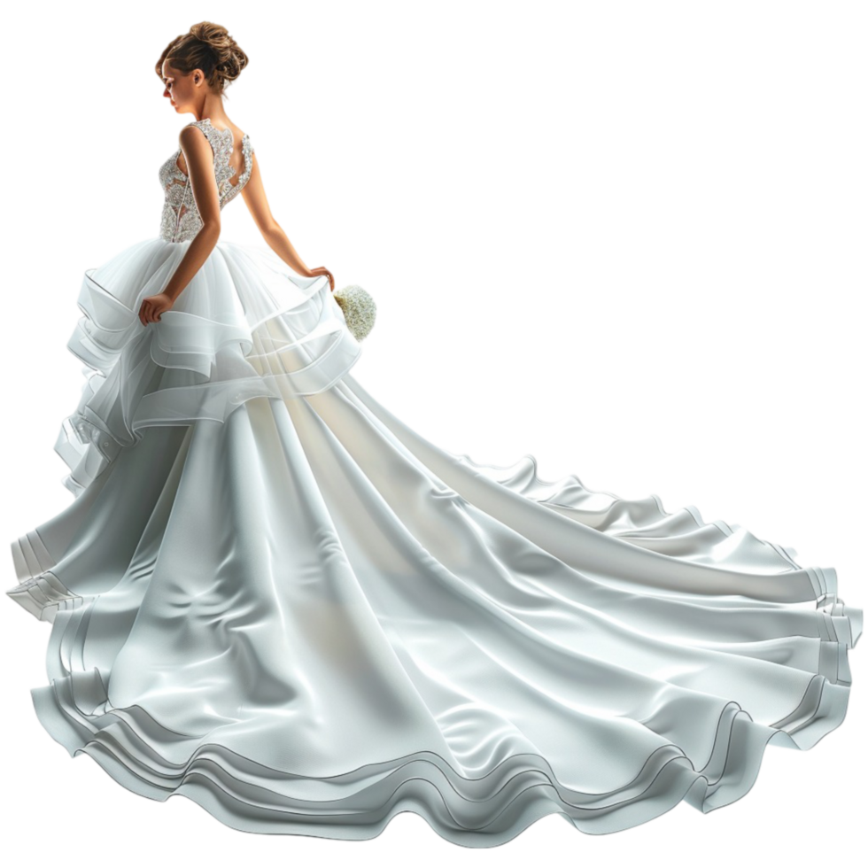 3D rendering of woman in elegant wedding dress with sheer overlay and ruffles on Transparent background AI-Generative png