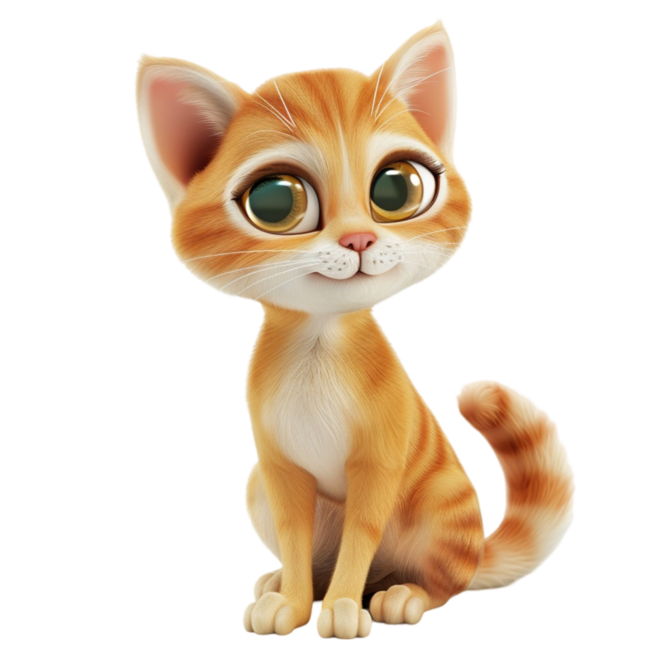 Cartoon Cat with Large Green Eyes and Small White Nose Sitting on Transparent background AI-Generative png