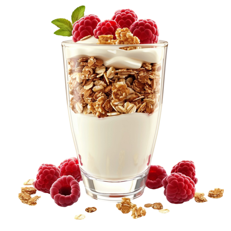 Glass of yogurt topped with cereal and raspberries on transparent background on Transparent background AI-Generative png