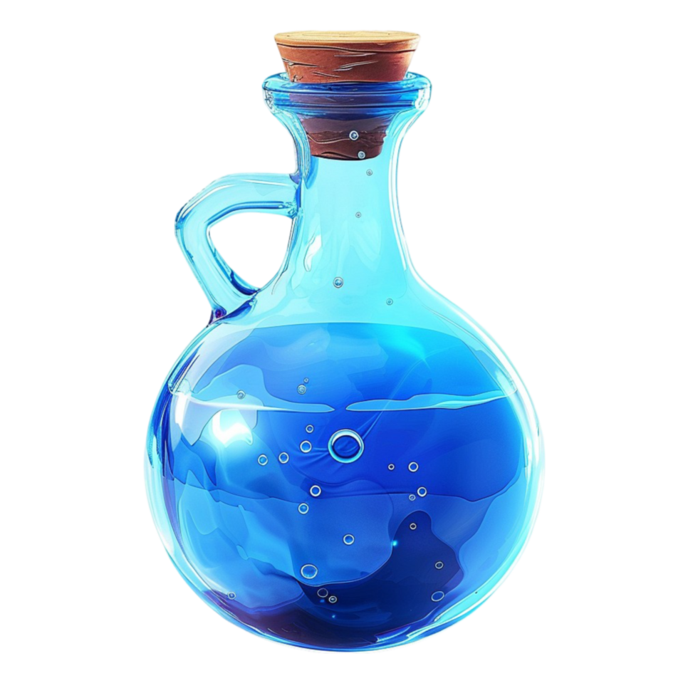 Clear Blue Glass Pitcher with Brown Handle and Spout, Filled with Water and Bubbles on Transparent background AI-Generative png