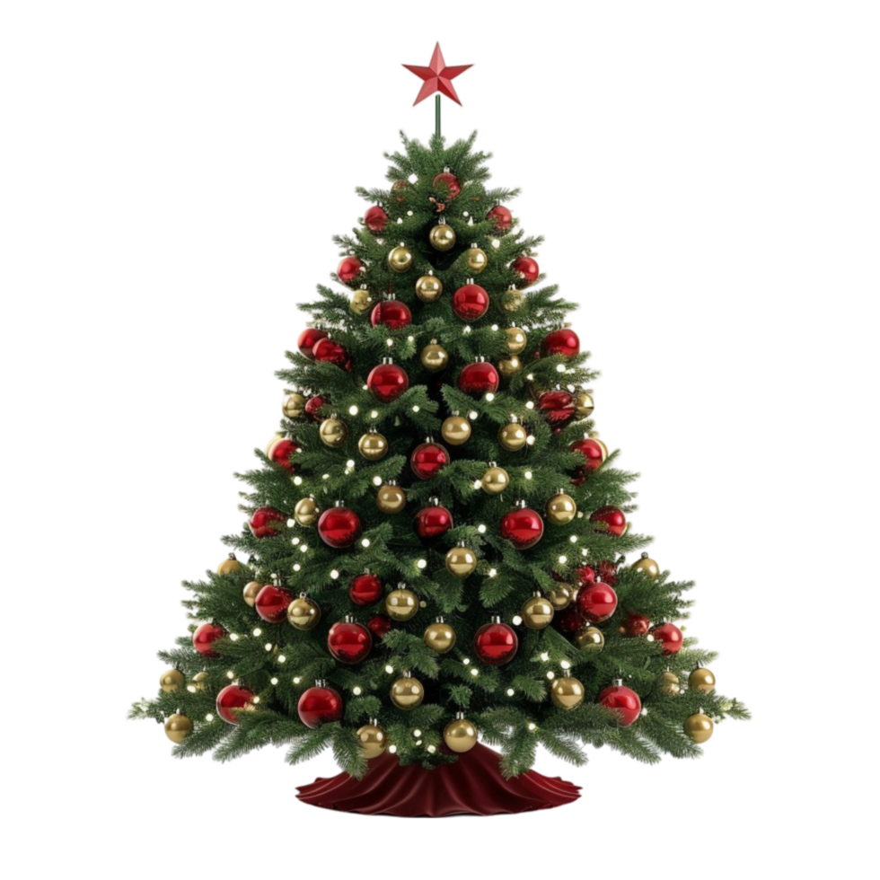 Vibrant Christmas Tree with Gold Ornaments and Red Star on Transparent background AI-Generative png