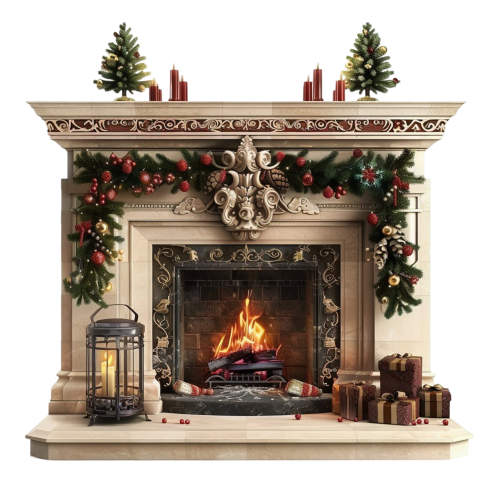 Fireplace with Burning Fire, Christmas Decorations, and Gifts on Transparent background AI-Generative png
