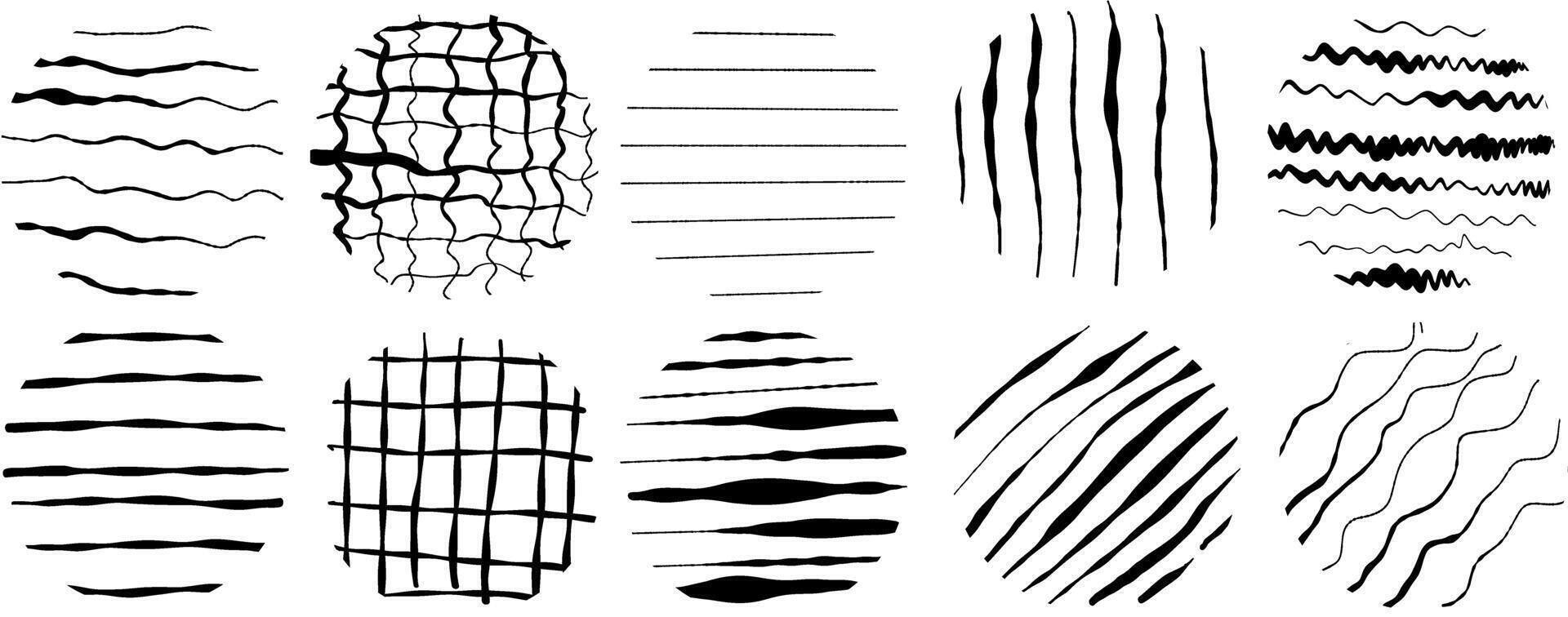 Black round stickers with various hand-drawn pencil crosshatch textures. Naive Doodle Patterns. Design elements for social media posts vector