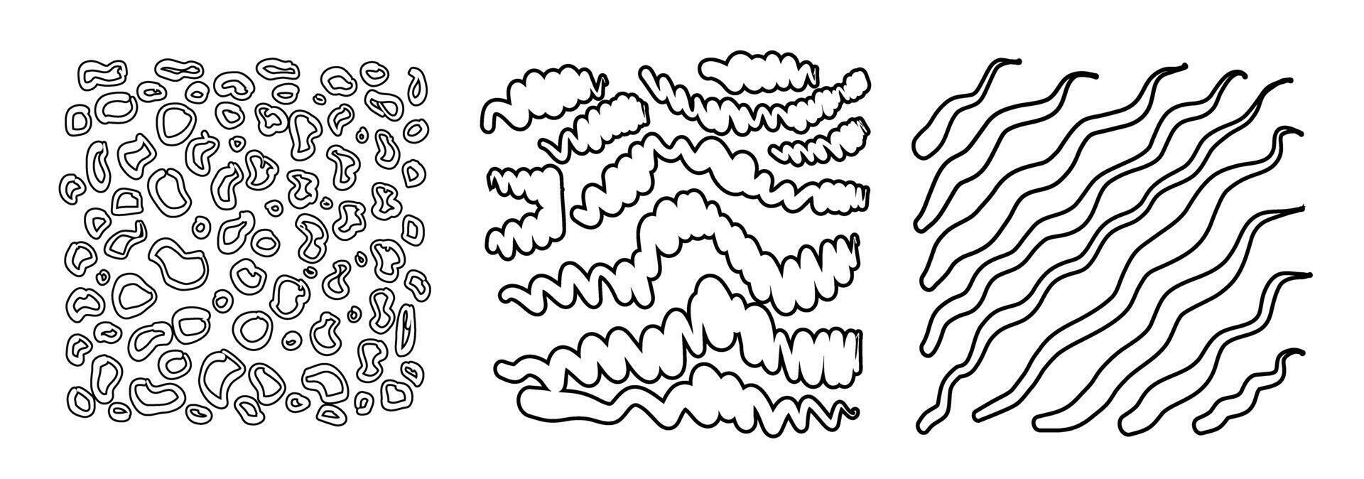 Black square stickers with various hand-drawn pencil crosshatch textures. Naive Doodle Patterns. Design elements for social media posts vector