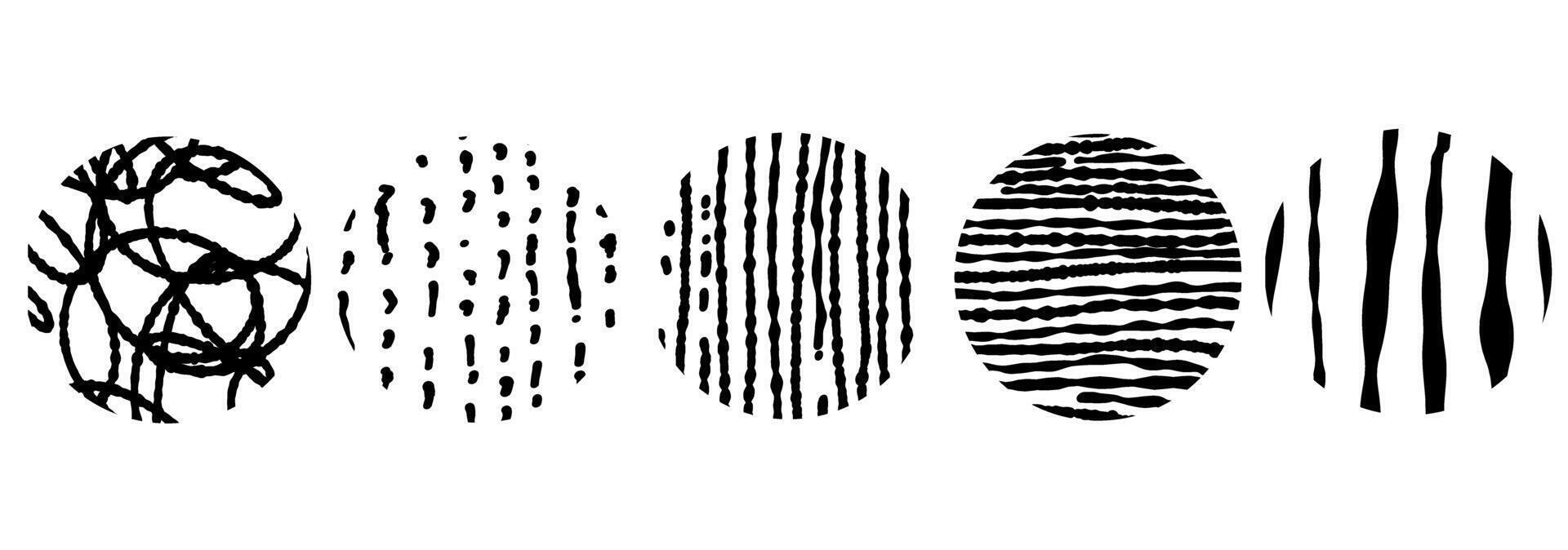 Black round stickers with various hand-drawn pencil crosshatch textures. Naive Doodle Patterns. Design elements for social media posts vector