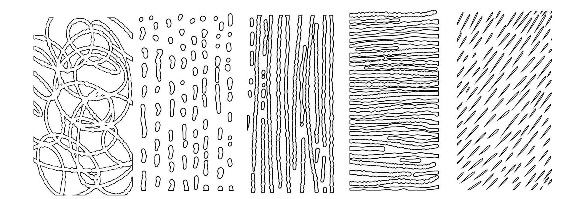 Black horizontal stickers with various hand-drawn pencil crosshatch textures. Naive Doodle Patterns. Design elements for social media posts vector
