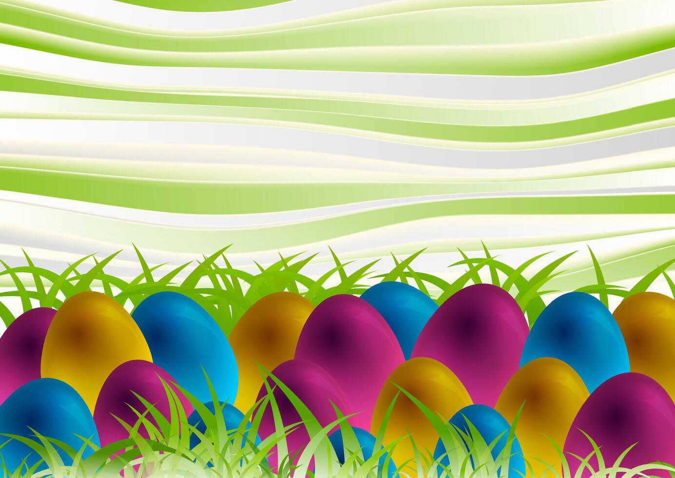 Colorful Easter eggs, green spring grass and curved waves background vector