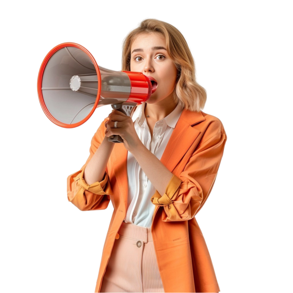Woman in Suit Holding Red Megaphone, Shouting AI-Generative png