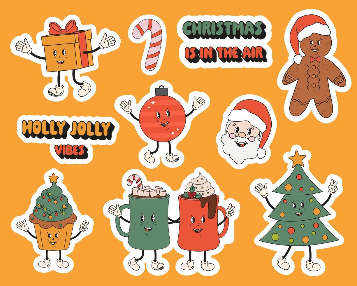 Christmas funny retro characters in groovy style. Merry Christmas and happy New Year sticker pack with Santa Clous, gift, Christmas tree, gingerbread, cocoa mugs, candy cane. Holly Jolly vibe 60s-70s. vector