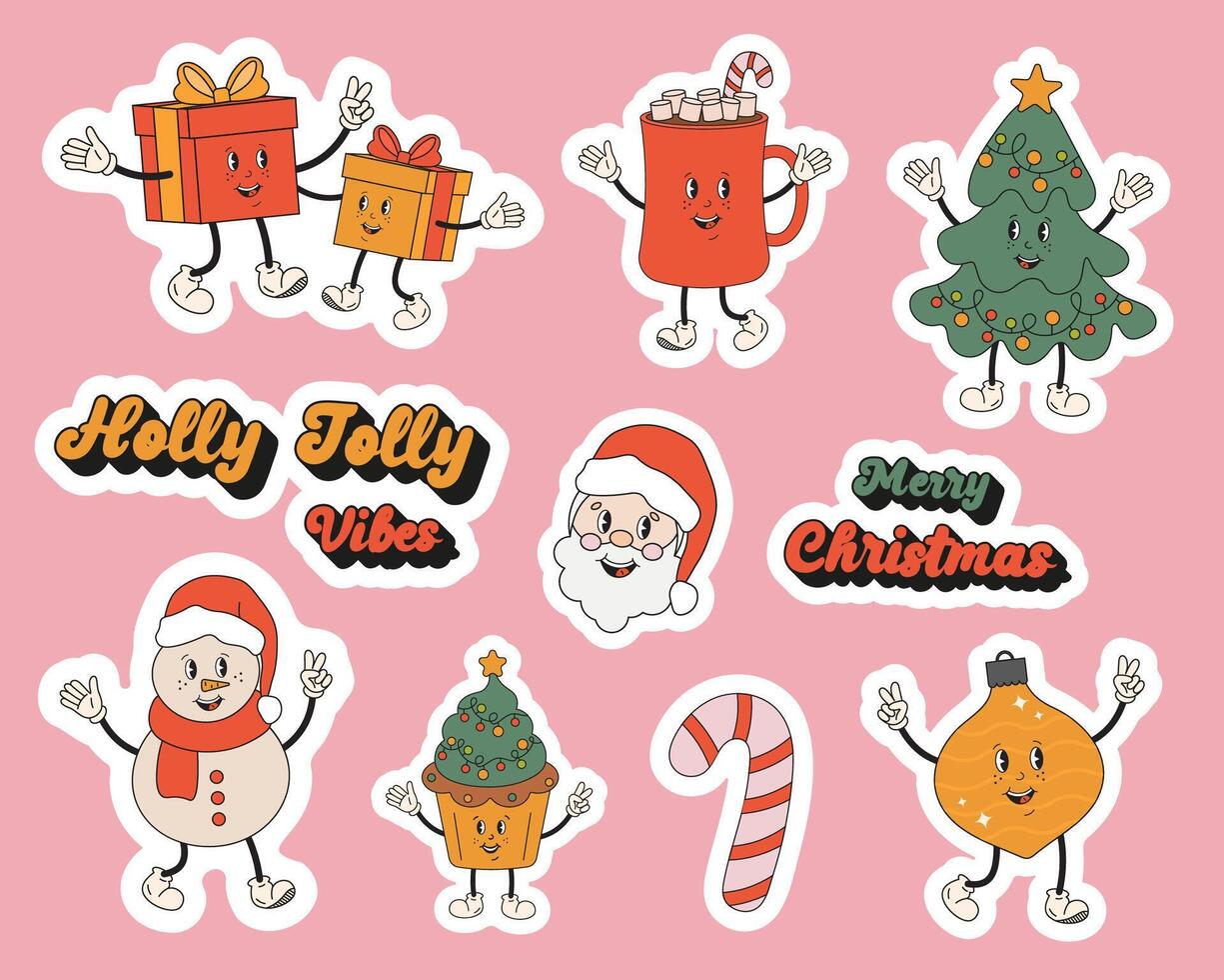 Merry Christmas stickers set in retro groovy style. Cute Santa Clous, gift, Christmas tree, candy cane, cocoa mugs, Christmas decoration in hippy style 60s,70s. Holly Jolly vibes, holiday greeting. vector