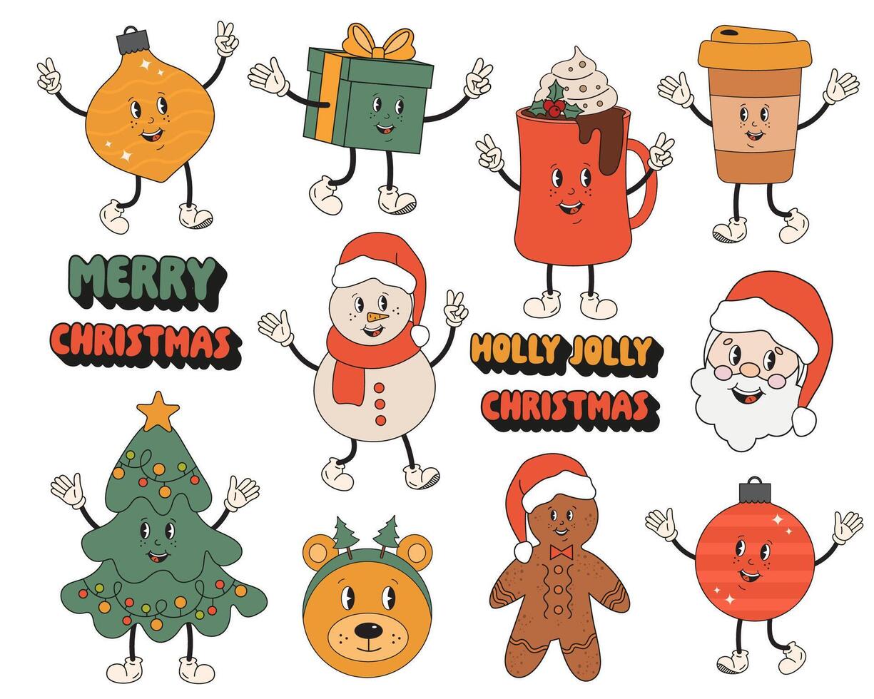 Merry Christmas and Happy New year element collection in retro groovy cartoon style. Santa Claus, cocoa mug, gift, Christmas tree, Holly Jolly Christmas. Sticker set with cute winter holiday elements. vector