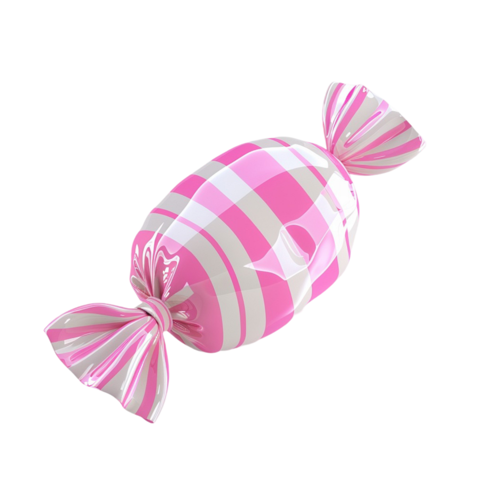Rendering of Pink and White Striped Candy in Transparent Wrapper Floating on Transparent background AI-Generative png