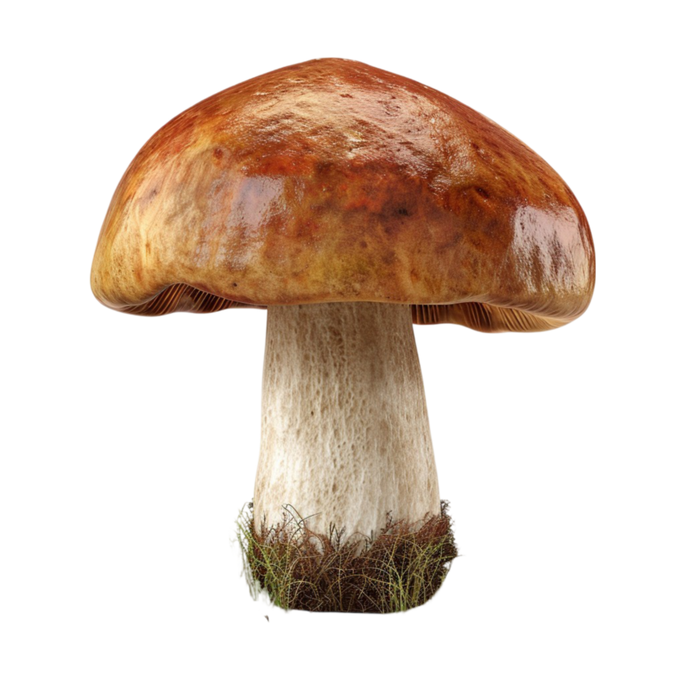 Brown Mushroom with White Base and Greenery at the Bottom bon Transparent background AI-Generative png