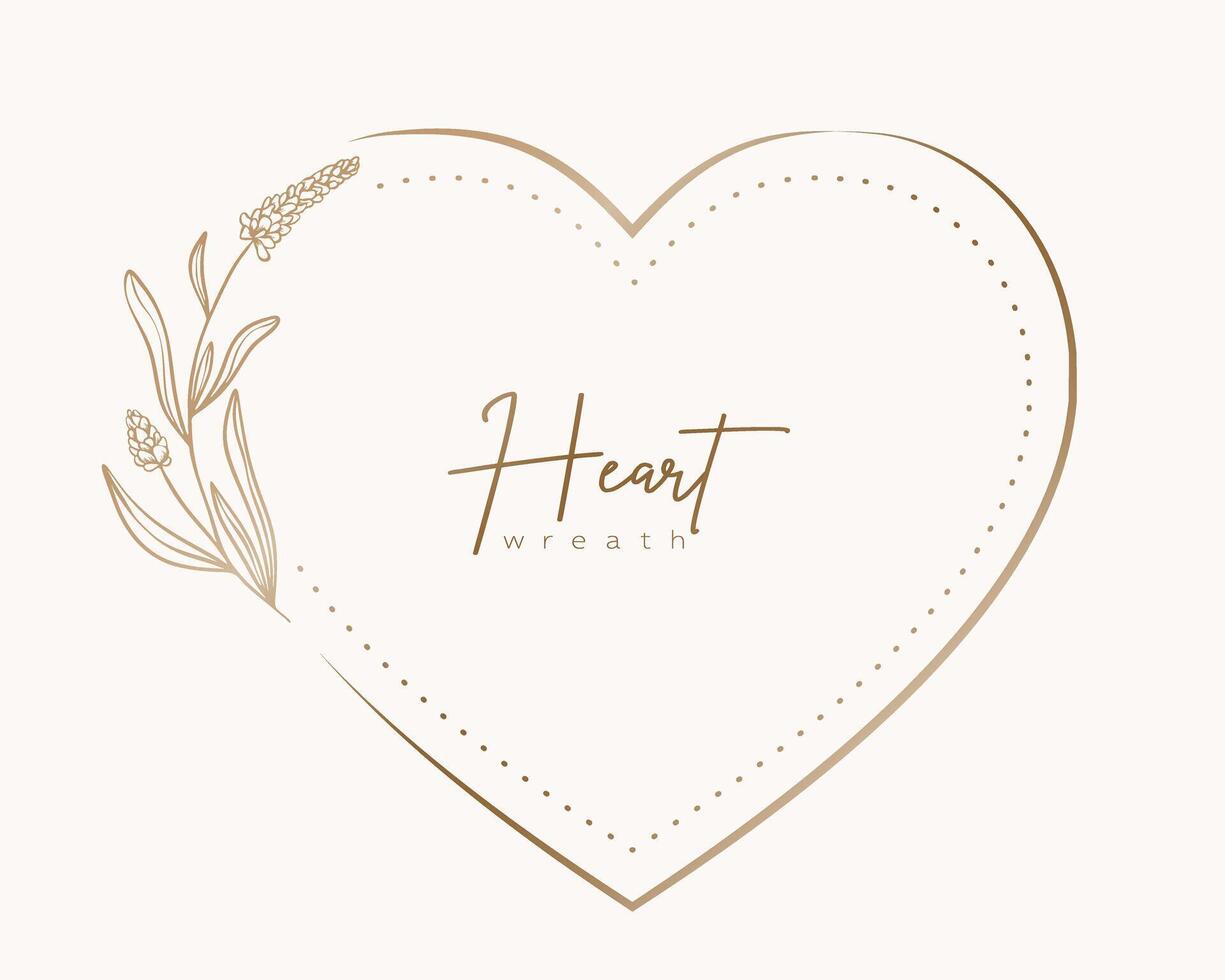 Hand drawn gold floral heart wreath and leaves. Flower branch botanical frame for monogram, wedding logo, invitation, postcard, and more. Vintage ornament illustration isolated on white background. vector