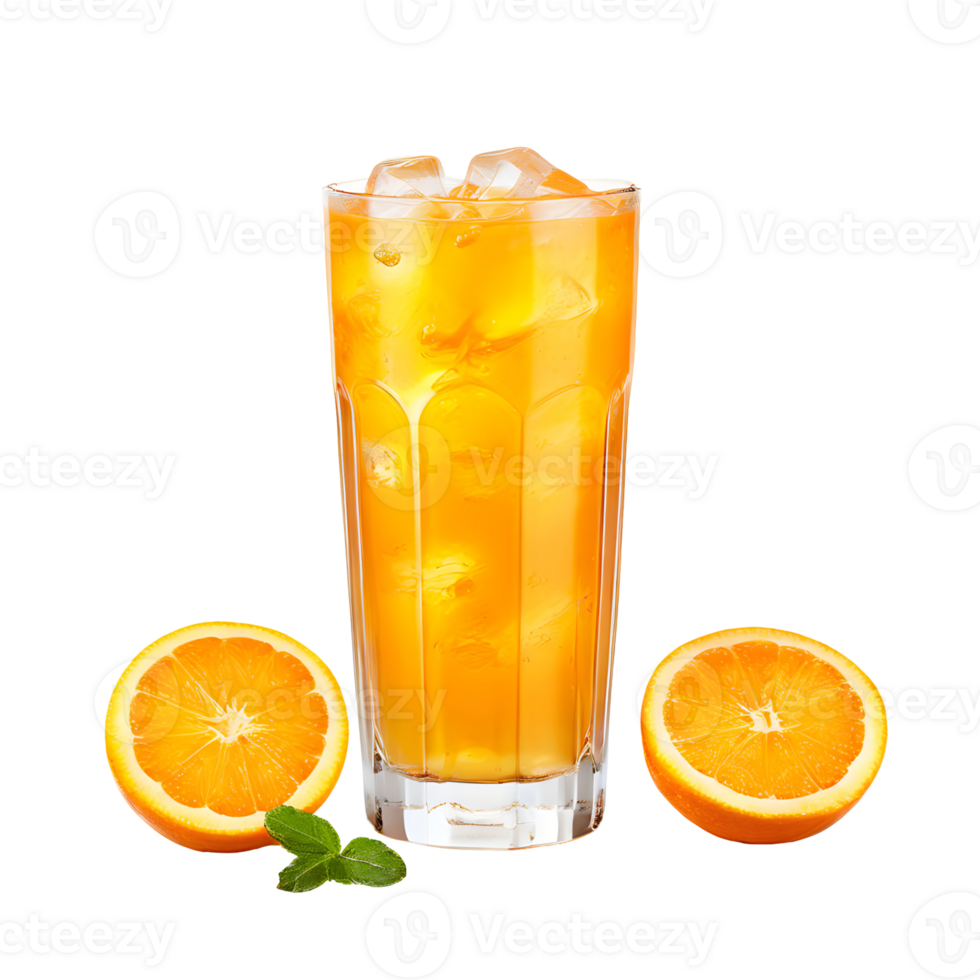 Glass of cold orange juice with ice isolated on transparent background, cut out, or clipping path. png