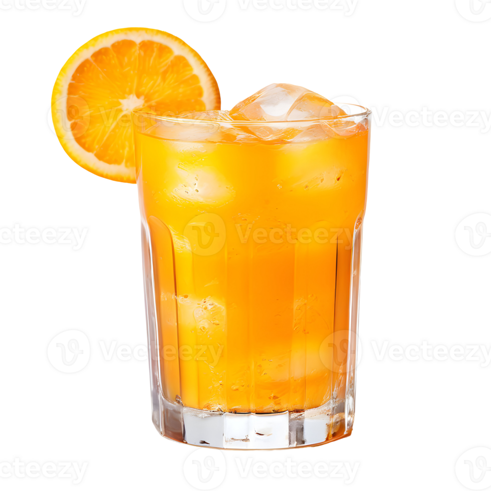 Glass of cold orange juice with ice isolated on transparent background, cut out, or clipping path. png
