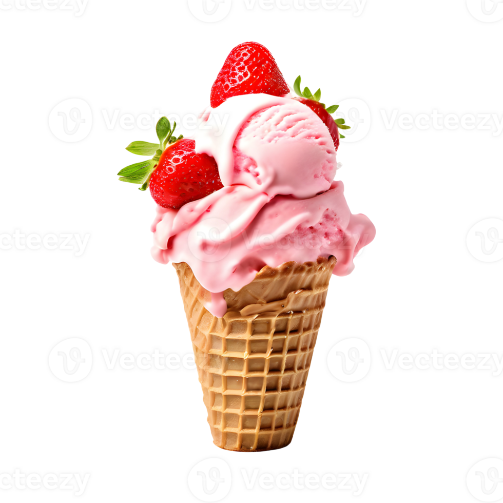 Strawberry ice cream cone isolated on transparent background, cut out, or clipping path. png