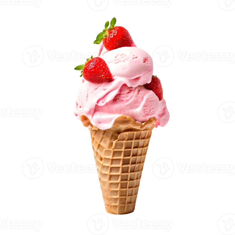 Strawberry ice cream cone isolated on transparent background, cut out, or clipping path. png