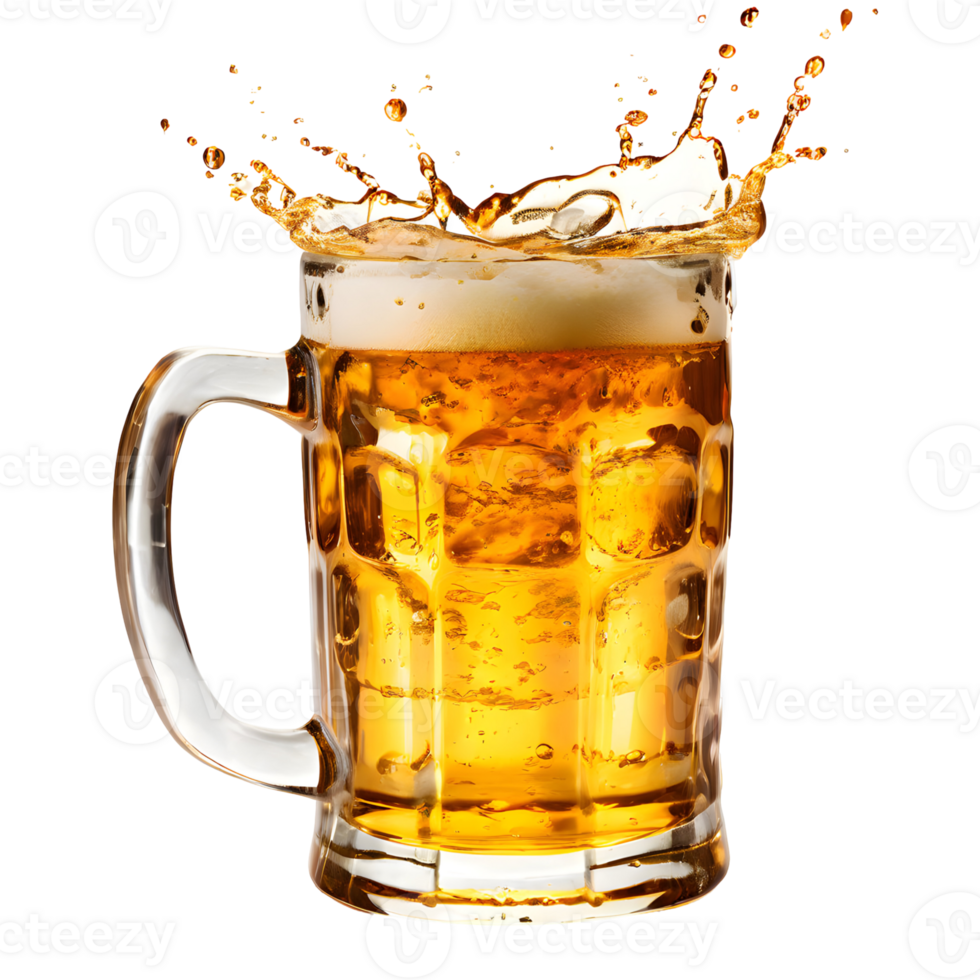 Beer Mugs toasting creating splash isolated on transparent background, cut out, or clipping path. png