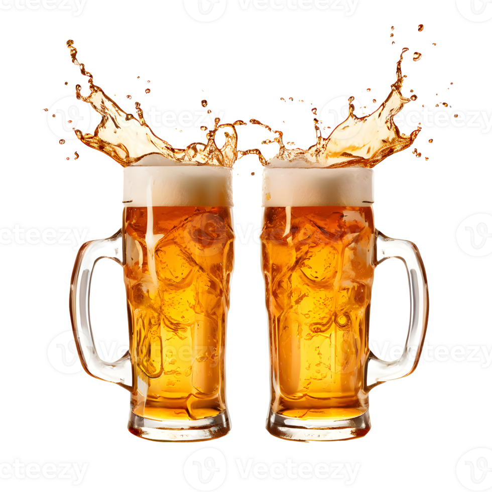 Two Beer Mugs toasting creating splash isolated on transparent background, cut out, or clipping path. png