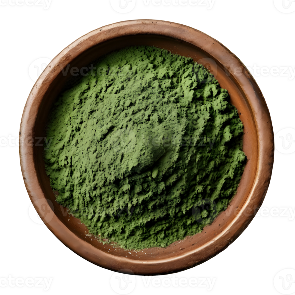 Spirulina powder in clay pot. Top view. isolated on transparent background, cut out, or clipping path. png