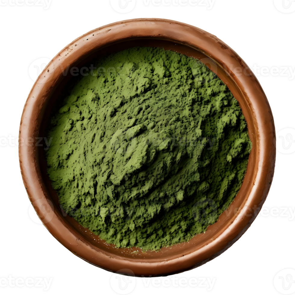 Spirulina powder in clay pot. Top view. isolated on transparent background, cut out, or clipping path. png