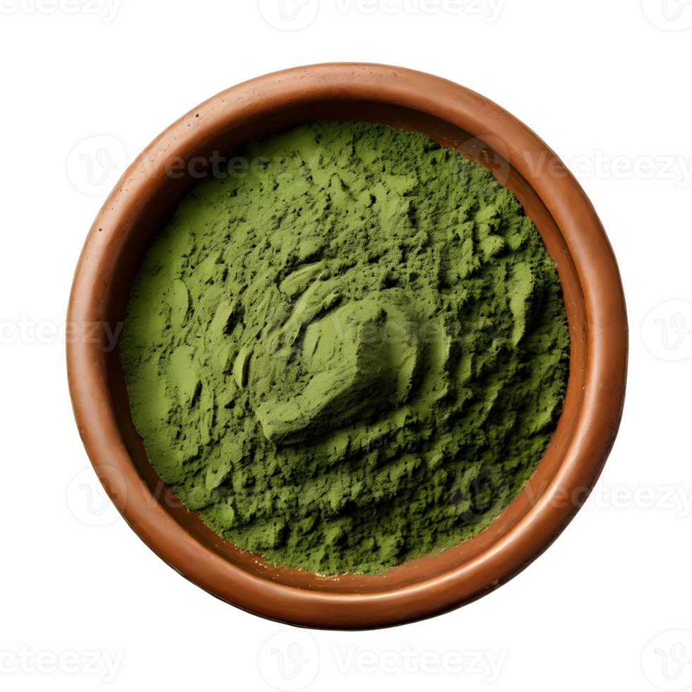 Spirulina powder in clay pot. Top view. isolated on transparent background, cut out, or clipping path. png