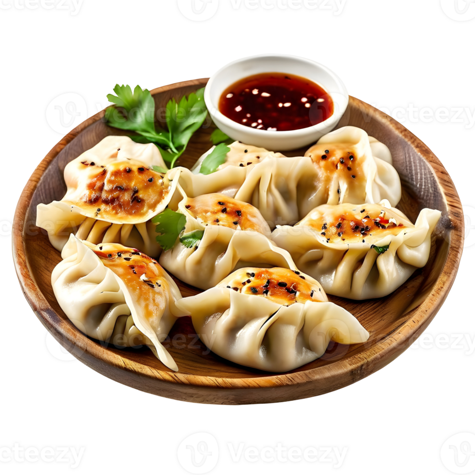 Dumpling momos with sauce in a wooden plate isolated on transparent background, cut out, or clipping path. png