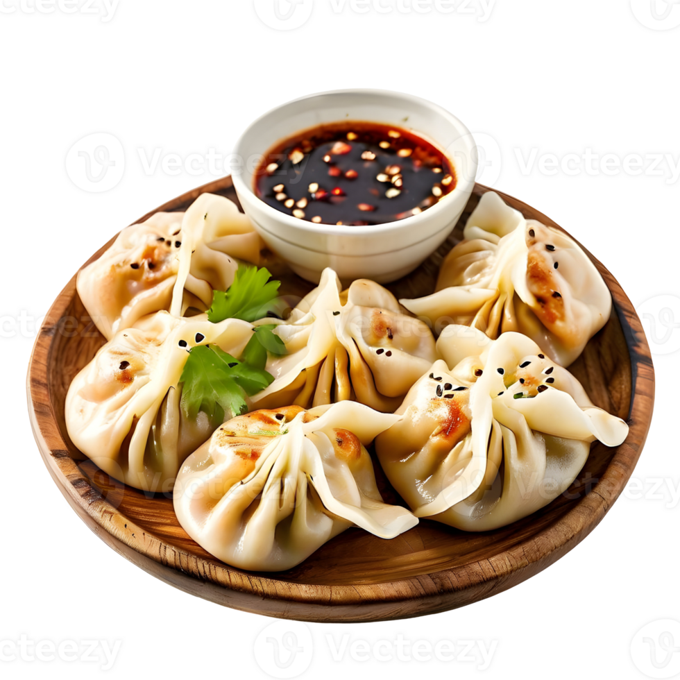 Dumpling momos with sauce in a wooden plate isolated on transparent background, cut out, or clipping path. png
