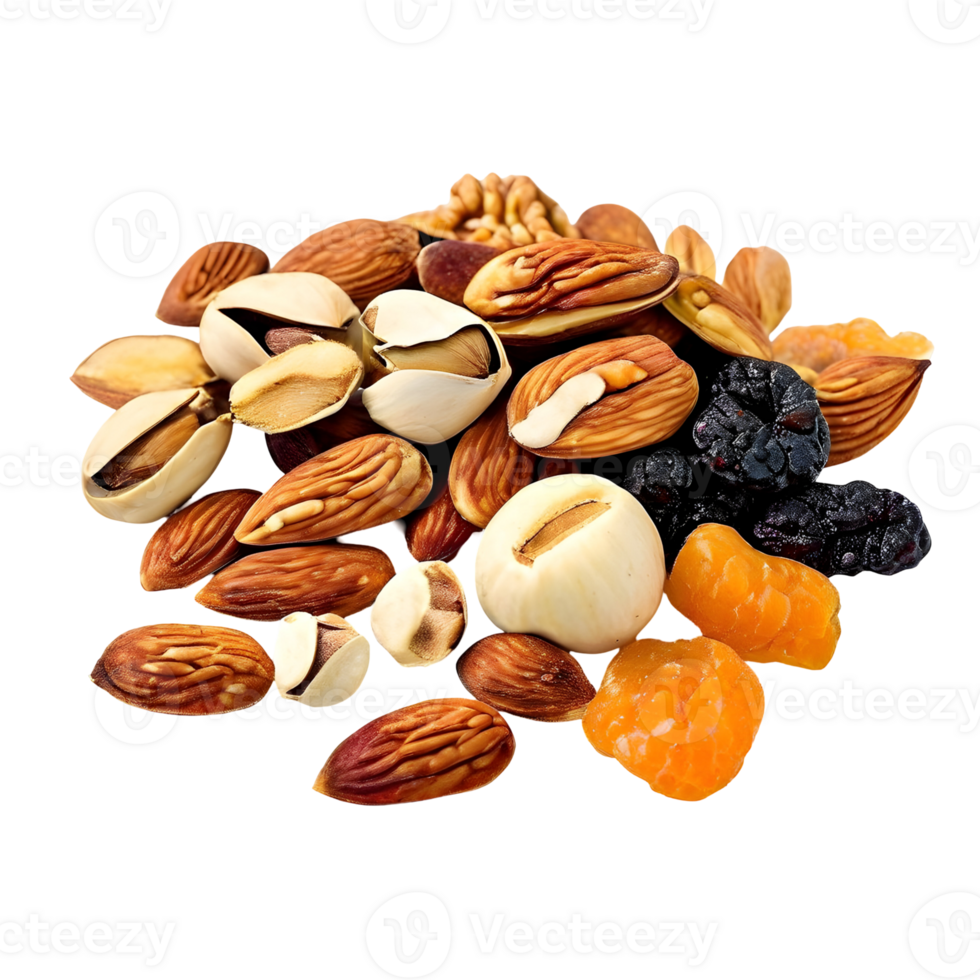 Nuts and dried fruits isolated on transparent background, cut out, or clipping path. png