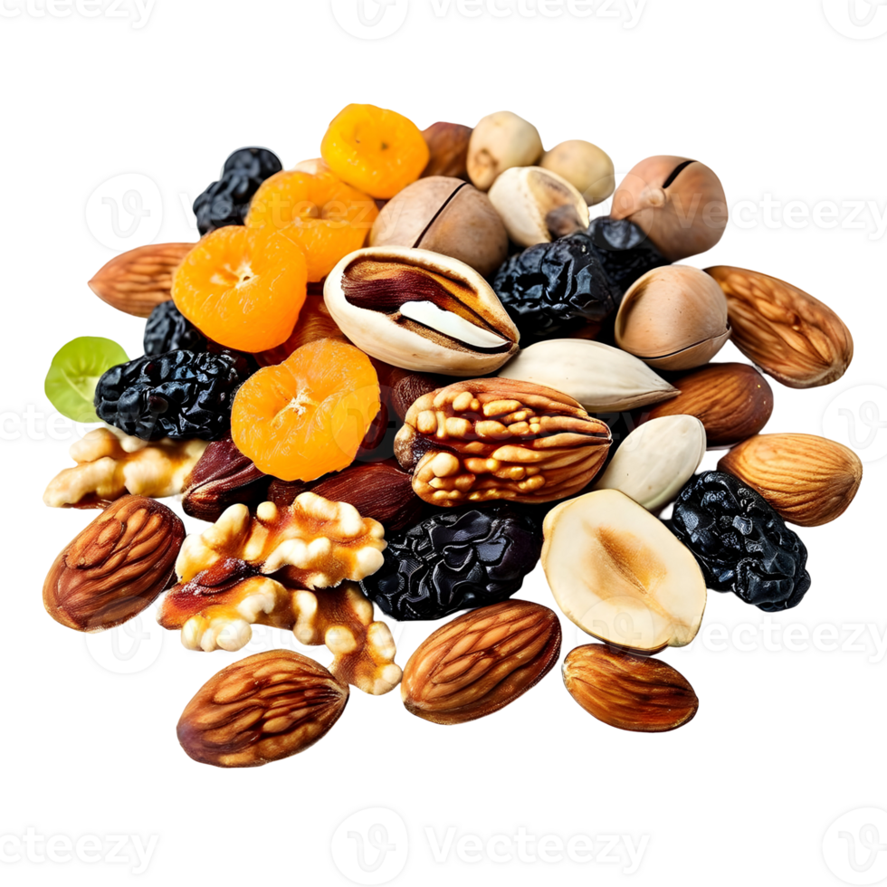 Nuts and dried fruits isolated on transparent background, cut out, or clipping path. png