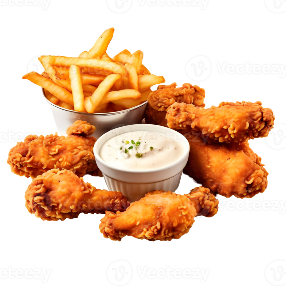 Fried chicken and fries with sauce isolated on transparent background, cut out, or clipping path. png