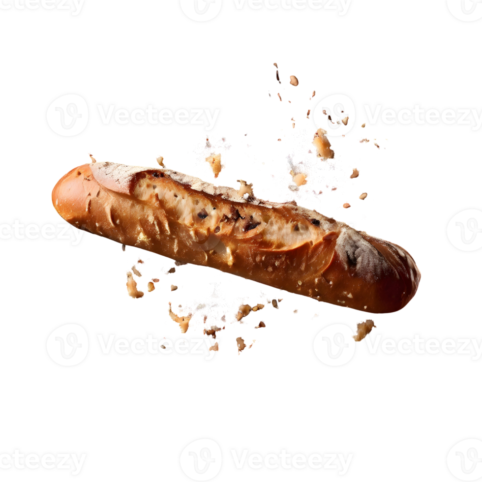Baguette bread with falling crumbs isolated on transparent background, cut out, or clipping path. png