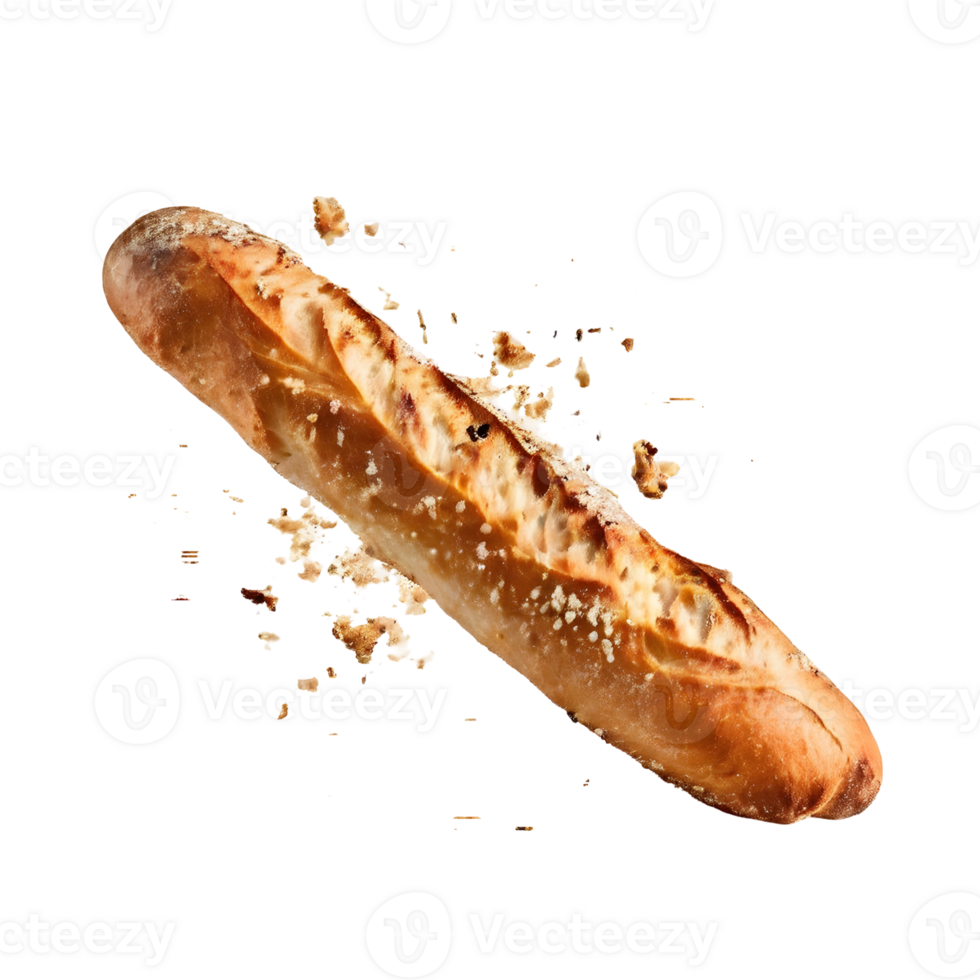 Baguette bread with falling crumbs isolated on transparent background, cut out, or clipping path. png