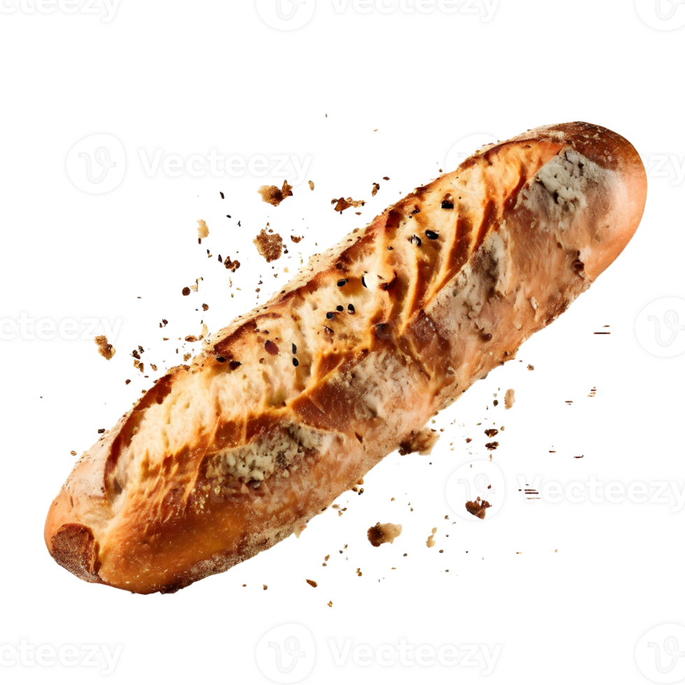 Baguette bread with falling crumbs isolated on transparent background, cut out, or clipping path. png