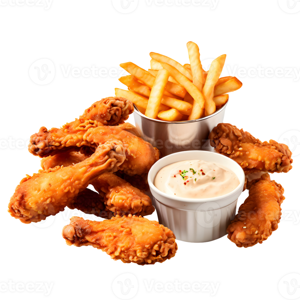 Fried chicken and fries with sauce isolated on transparent background, cut out, or clipping path. png