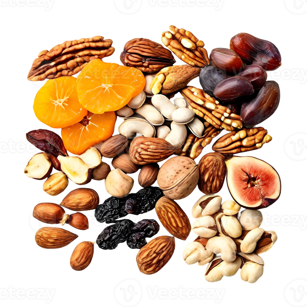 Nuts and dried fruits isolated on transparent background, cut out, or clipping path. png