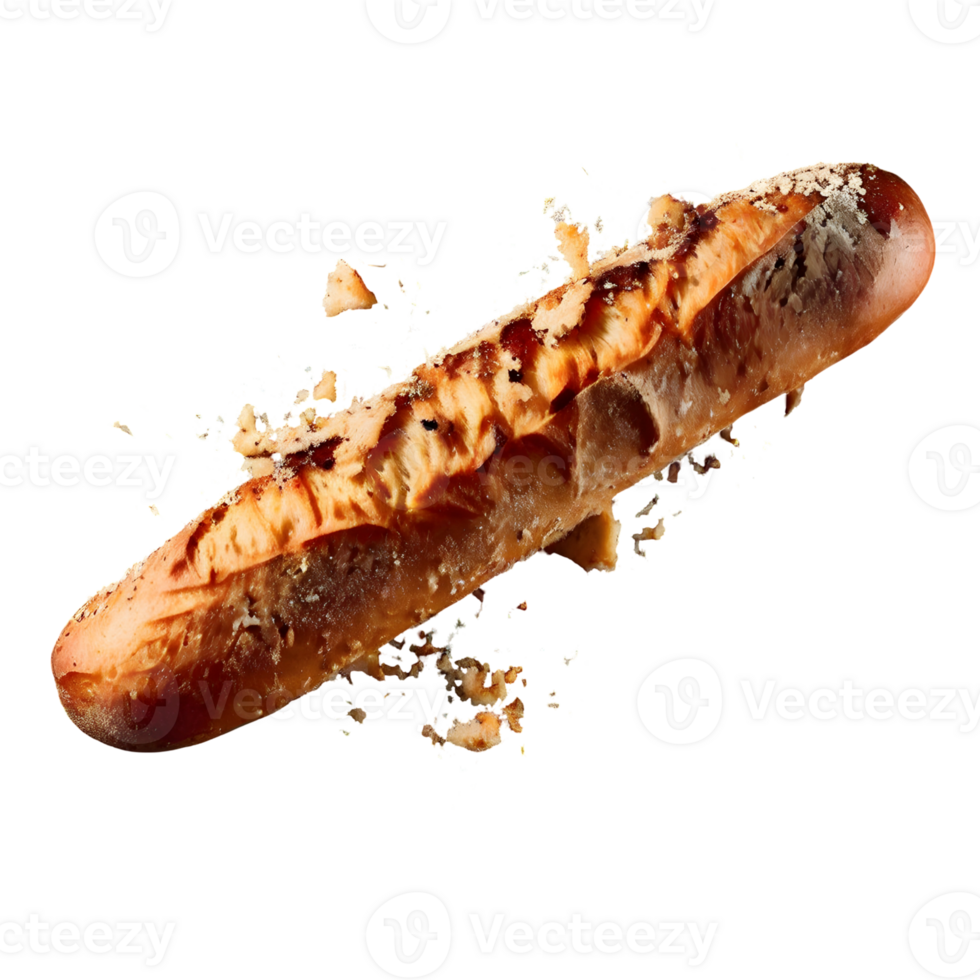 Baguette bread with falling crumbs isolated on transparent background, cut out, or clipping path. png